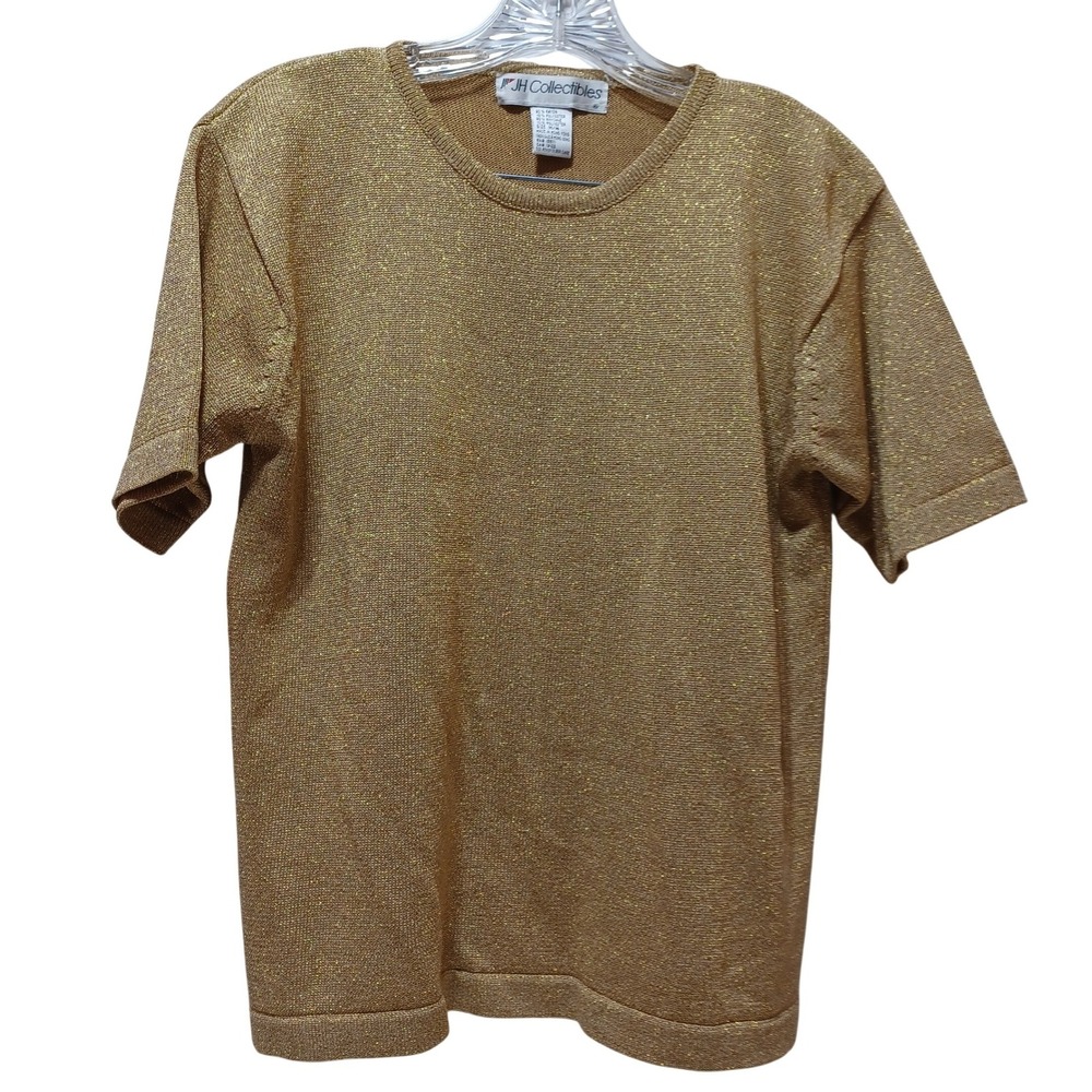 VTG JH Collectibles Womens M Gold Metallic Shimmer Knit Top 80s Glam Eveningwear
